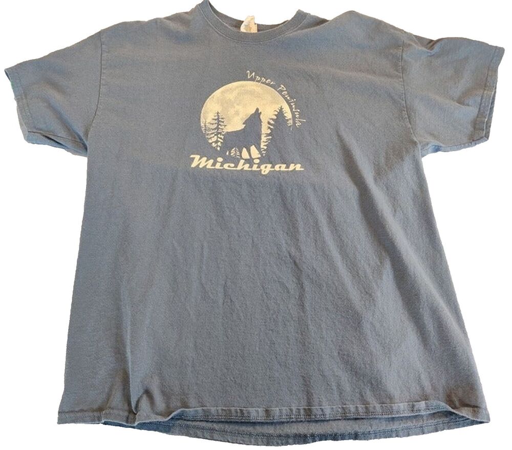 Blue Michigan Upper Peninsula Shirt Howling Wolf XL